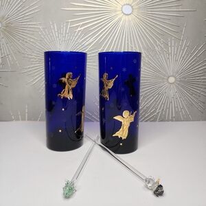 Culver Highball Angel Glasses with 2 Holiday Swizzle Sticks